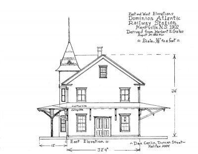 My drawing of the east end of the Kentville station.