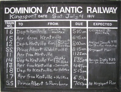 Kingsport trains, July 4, 1914, replica station board.
