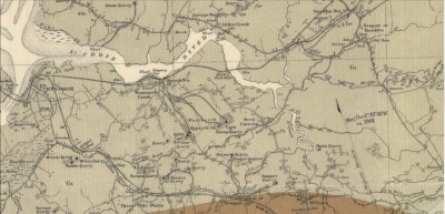 Detail from 1909 Geological map of Windsor showing gypsum spur lines.